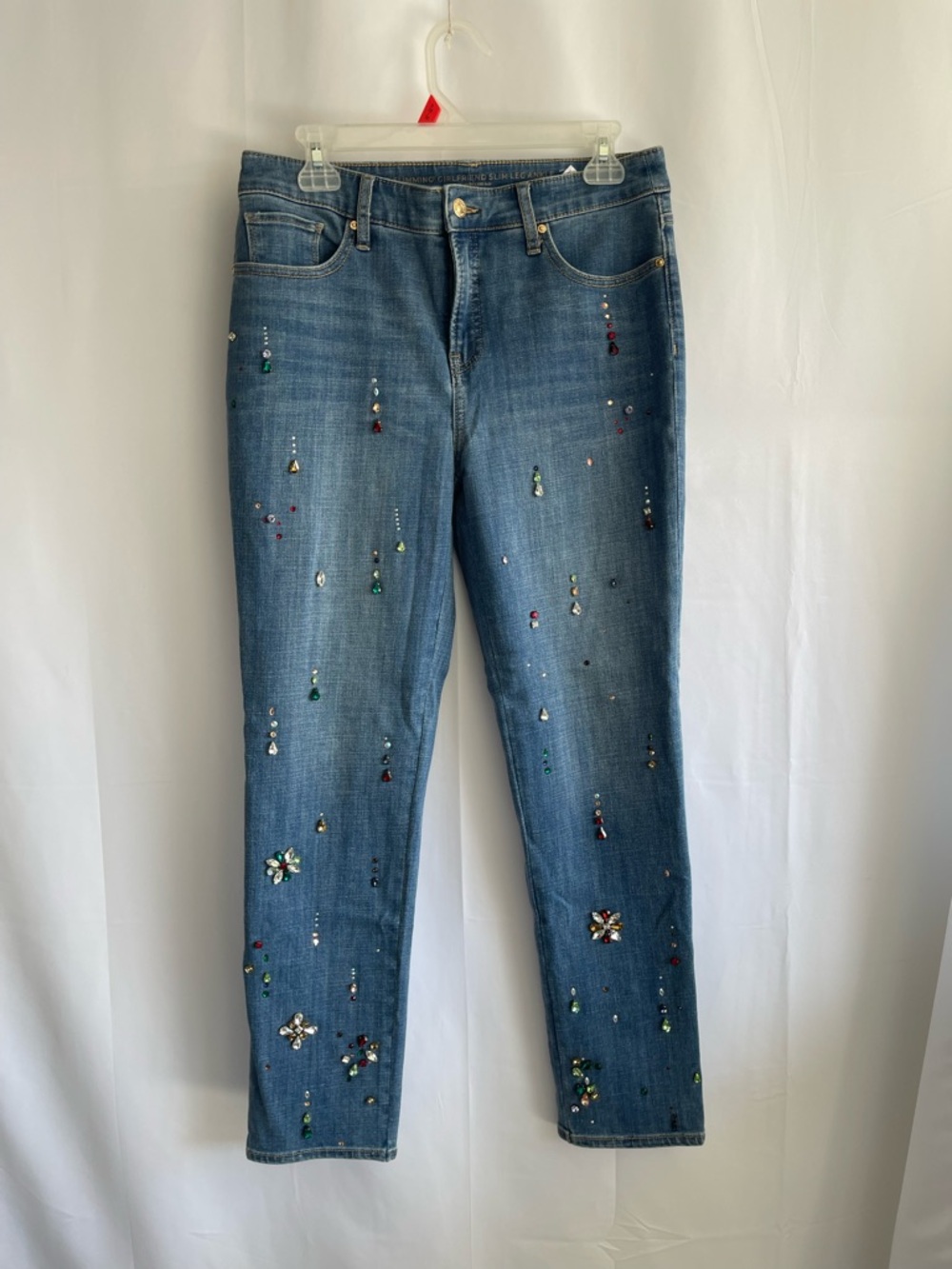 Chico's Blue Skinny Jeans with Multicolor Crystal Embellishments